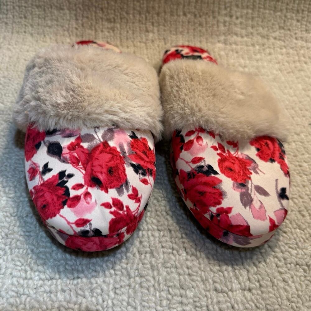 Vintage Victoria's Secret Satin Slipper Mules Faux Fur Red Rose Floral Large L